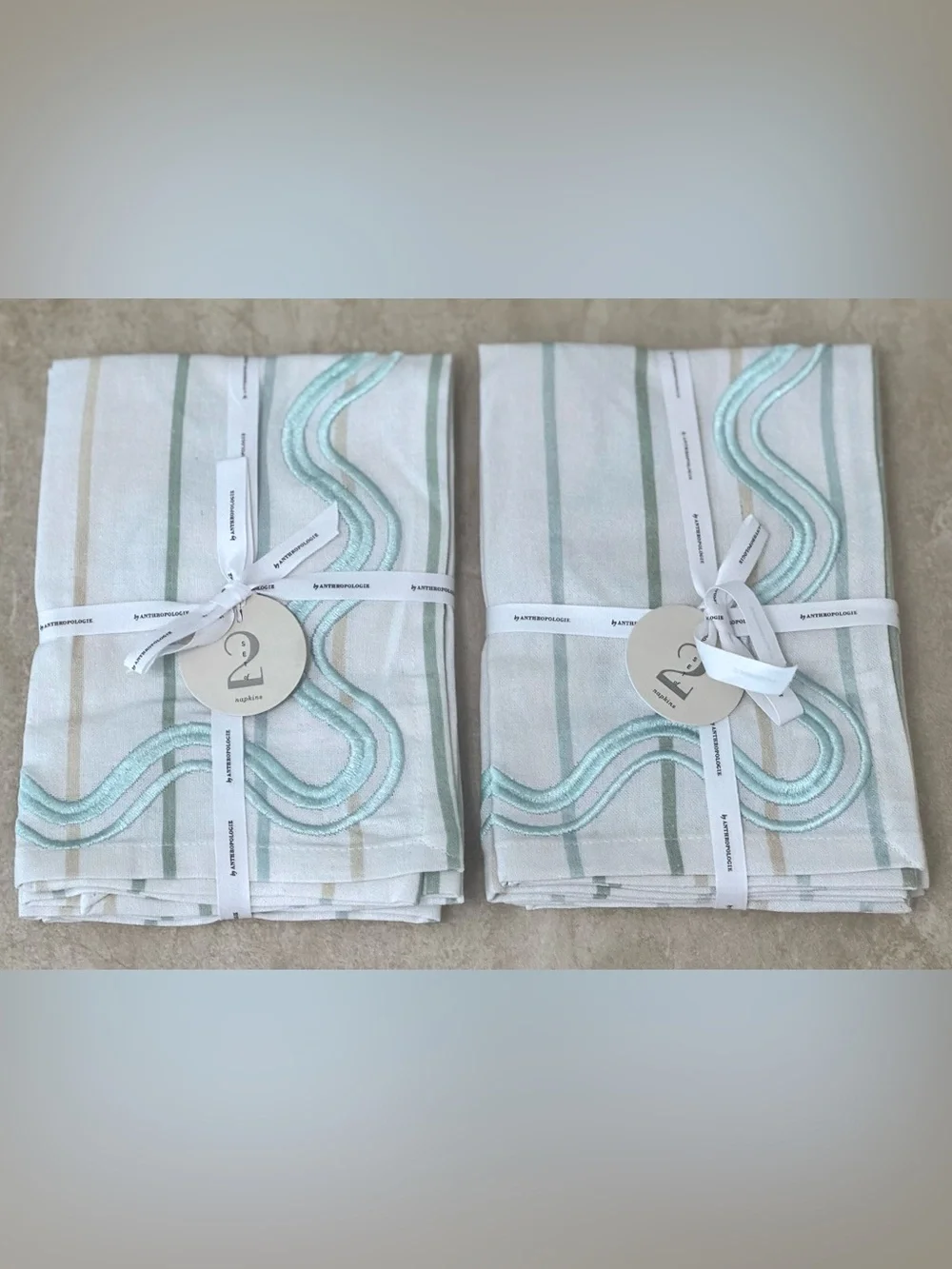 Anthropologie Striped Embroidered Napkins